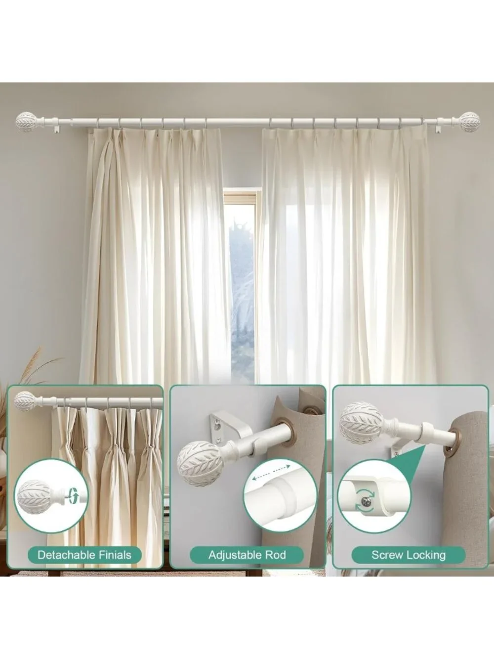 2 Pack Adjustable Antique White Curtain Rods 48-84” with Leaf Finials, Rustic